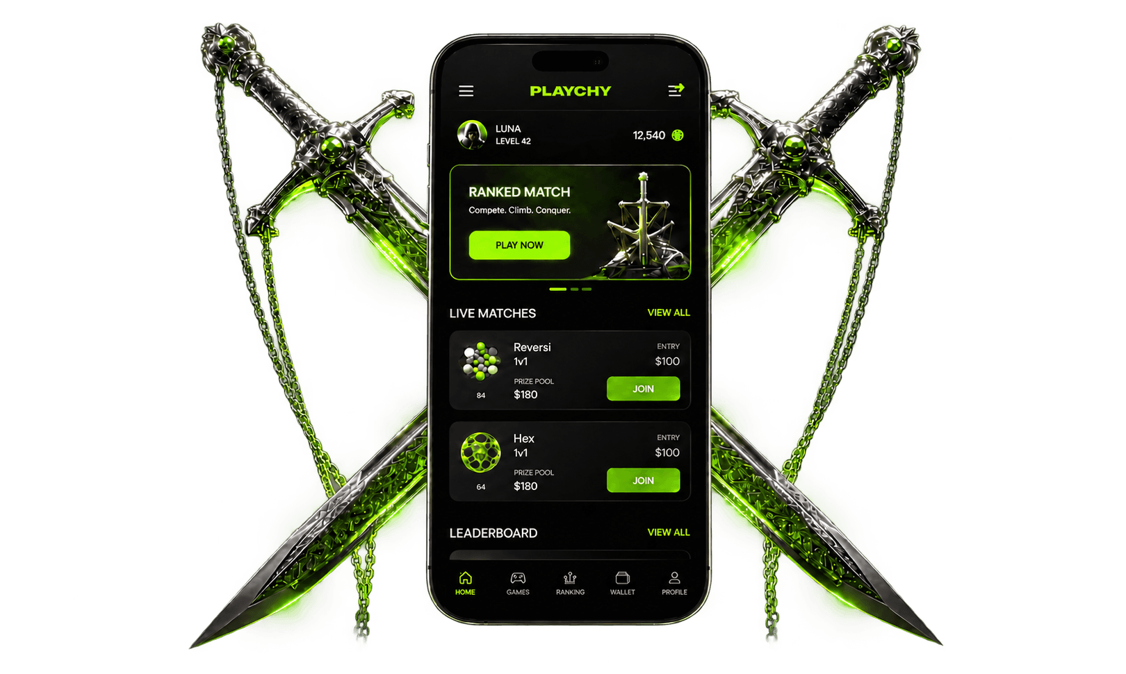 Bazichy mobile app interface on a phone framed by crossed swords