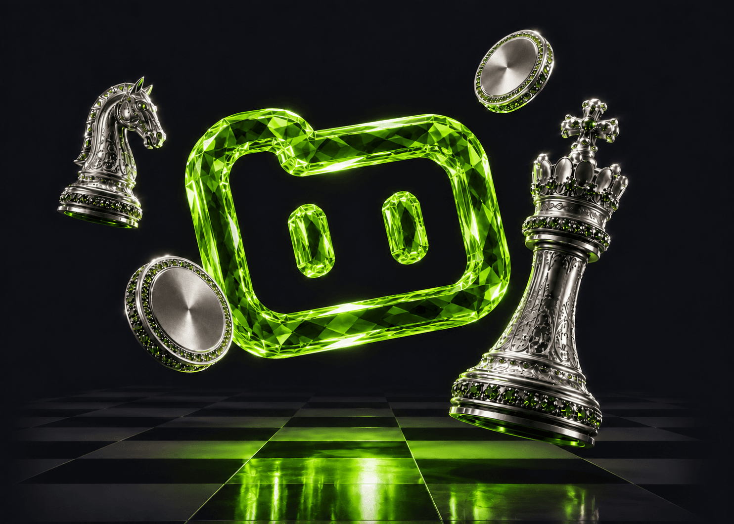 Lime crystal Bazichy emblem surrounded by silver chess pieces and coins