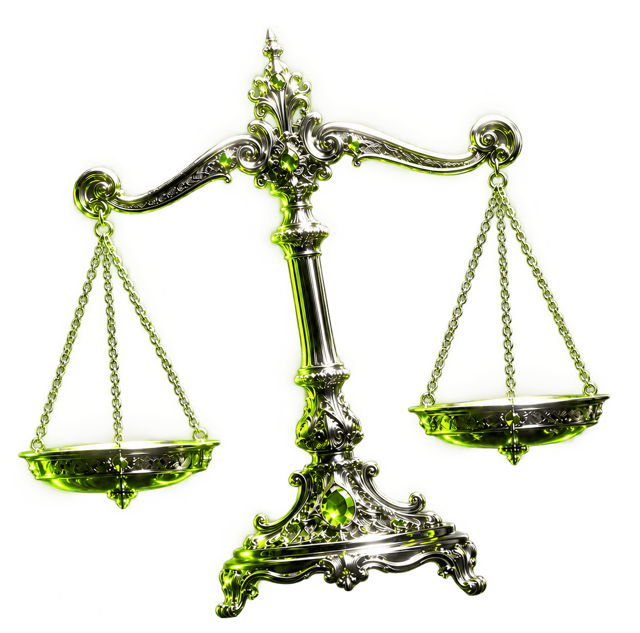 Ornate silver balance scale with lime green gemstones